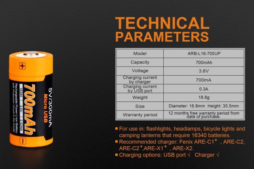 Fenix | Akumulátor 16340 USB